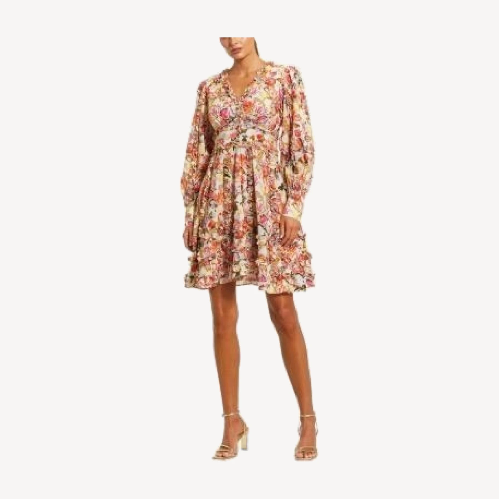 Mac Duggal Ruffle Floral V Neck Cotton Mini Dress