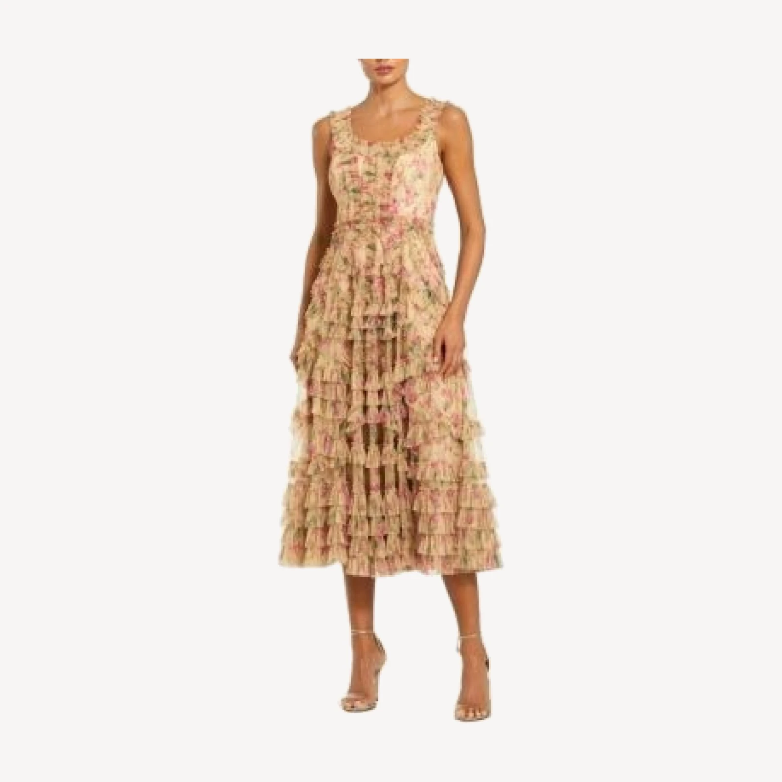 Mac Duggal Floral Printed Sleeveless Ruffle Midi Dress