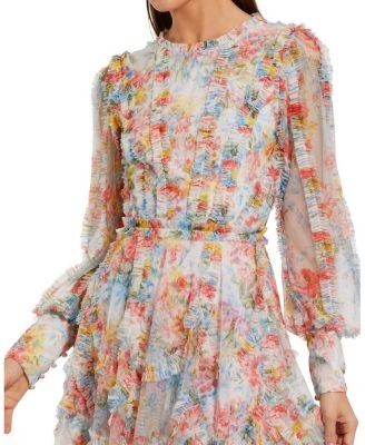 Mac Duggal Floral Mesh Ruffle High Neck Mini Dress