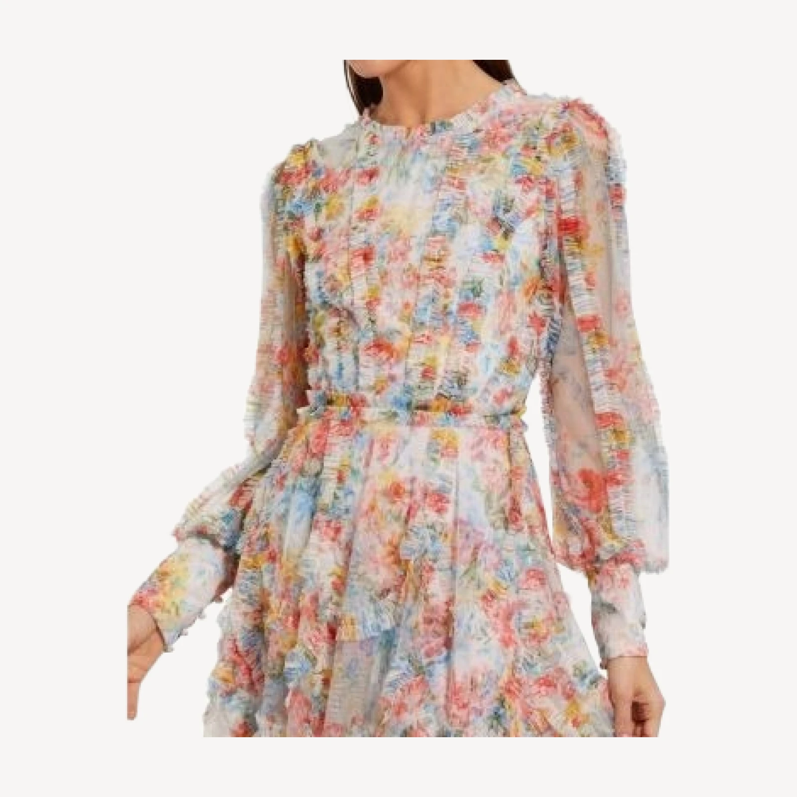 Mac Duggal Floral Mesh Ruffle High Neck Mini Dress