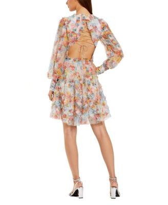 Mac Duggal Floral Mesh Ruffle High Neck Mini Dress