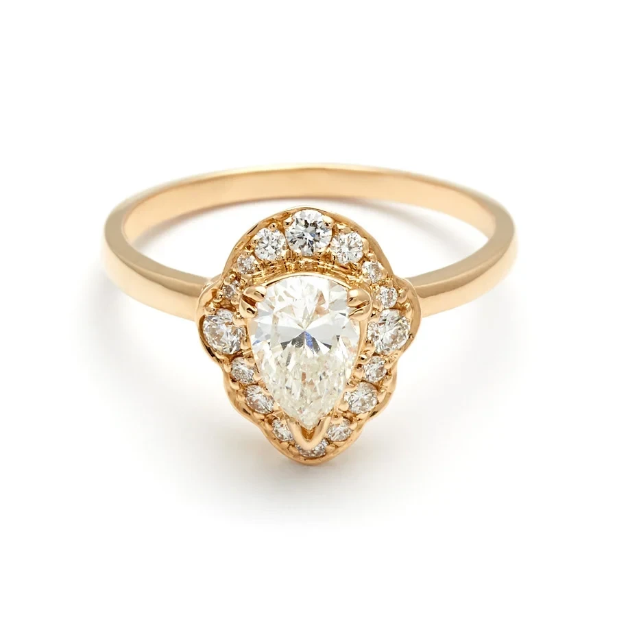 Camellia Petal Ring - Yellow Gold & White Diamond (7x5mm)