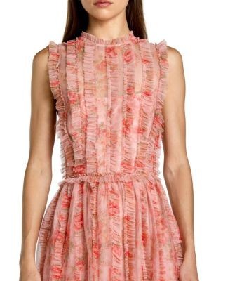Mac Duggal Floral Mesh High Neck Micro Ruffle Midi Dress