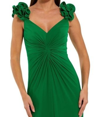 Mac Duggal Jersey V Neck Gown with 3D Flower Straps