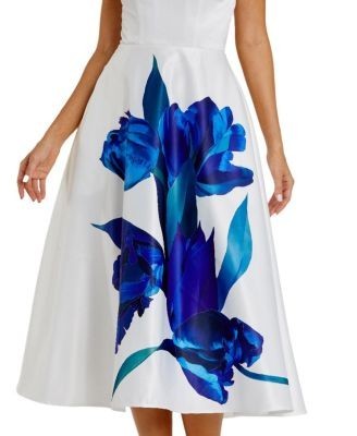 Mac Duggal Strapless Satin Midi Dress with Flower Print