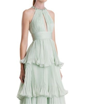 Mac Duggal High Neck Chiffon Tiered Gown with Cut Out
