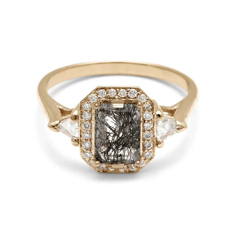Bea Halo Ring - 14k Gold & Black Rutilated Quartz (7x5mm)