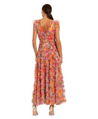 Mac Duggal Floral Mesh Ruffle V Neck Ankle Dress