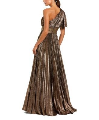Mac Duggal One Shoulder Pleated Metallic Ballgown