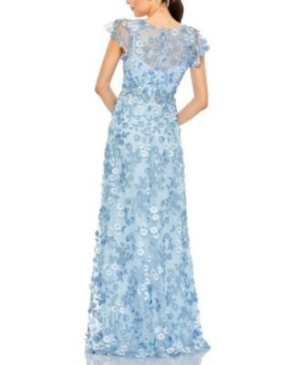 Mac Duggal Embroidered Applique Wrap Over Flutter Sleeve Gown