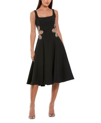 Mac Duggal Sleeveless Crepe Rhinestone Cutout Midi Dress
