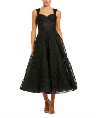 Mac Duggal Sleeveless A Line Bustier Floral Tulle Midi Dress