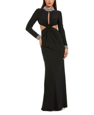 Mac Duggal Embellished Jersey Long Sleeve Cut Out Evening Gown