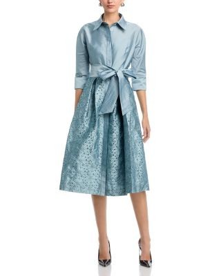 Teri Jon by Rickie Freeman Embroidered Sash Belt Shirt Dress