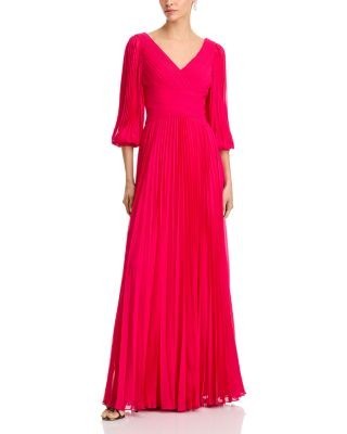 Teri Jon by Rickie Freeman Chiffon Pleated V Neck Gown