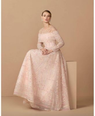 Mac Duggal Illusion Neck Long Sleeve Embroidered Ballgown