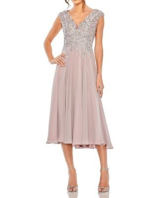 Mac Duggal Embroidered Beaded Midi Dress with Cap Sleeves