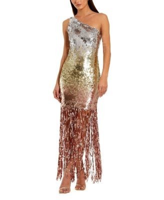 Mac Duggal Ombre Sequin Fringe Mesh One Shoulder Gown