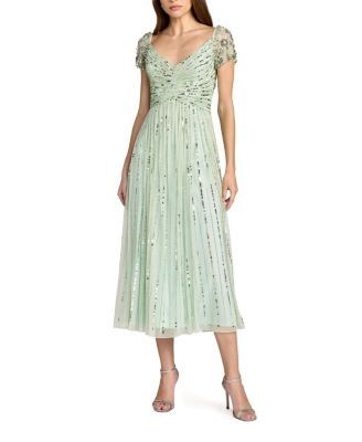 Mac Duggal Sequin Mesh Midi Dress With Beaded Shoulders