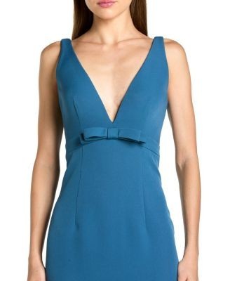 Mac Duggal Crepe Sleeveless V Neck Mermaid Gown with Bow