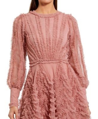 Mac Duggal Ruffle Lace Up Back Long Sleeve Mini Dress