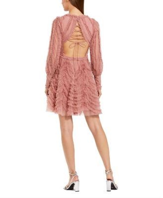Mac Duggal Ruffle Lace Up Back Long Sleeve Mini Dress