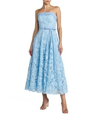 Mac Duggal Embroidered Lace Strapless Midi Dress with Bow Detail