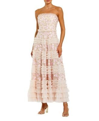 Mac Duggal Floral Embroidered Strapless Ruffle Midi Dress