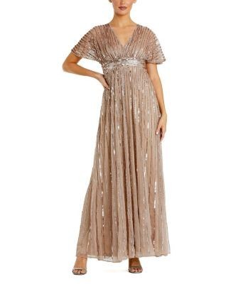 Mac Duggal Embellished Mesh V Neck Short Sleeve Gown