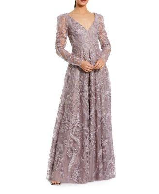 Mac Duggal Floral Embroidered V Neck Long Sleeve Gown