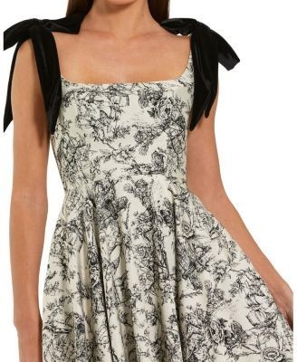 Mac Duggal Brocade A Line Midi Dress with Bow Straps