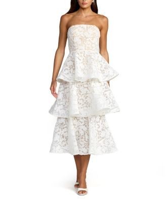 Mac Duggal Strapless Lace Tiered Floral Detail Midi Dress