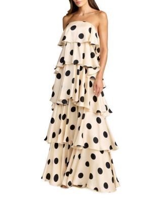 Mac Duggal Strapless Polka Dot Charmeuse Ruffle Gown
