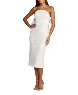 Mac Duggal Beaded Lace Strapless Bow Detail Fitted Midi Dress