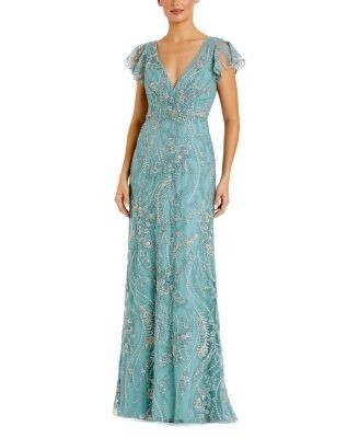 Mac Duggal Petite V-Neck Flutter Sleeve Floral Embroidered Gown