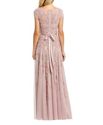 Mac Duggal Petite Pink Floral Embellished Cap Sleeve Gown