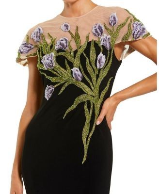 Mac Duggal Petite Jersey Floral Embroidered Illusion Neck Gown