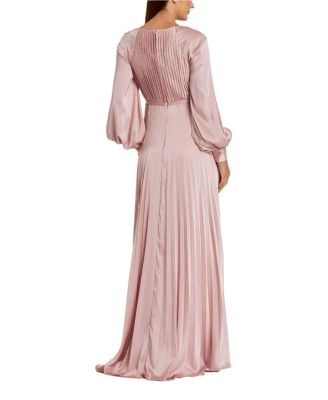 Mac Duggal Petite Long Sleeve Pleated High Neck Gown with Slit