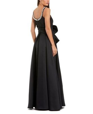 Mac Duggal Petite Satin Gown With Pearl Neckline and Bow Detail