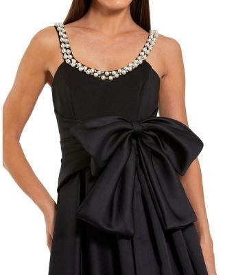 Mac Duggal Petite Satin Gown With Pearl Neckline and Bow Detail