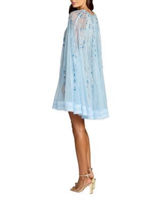 Mac Duggal Hand-Beaded Lace Trapeze Mini Dress with Sheer Cape Sleeves