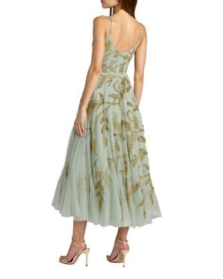 Mac Duggal Spaghetti Strap Floral Hand Beaded Midi Dress