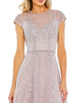 Mac Duggal Petite Embellished High Neck Cap Sleeve A Line Dress