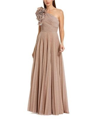 Mac Duggal Petite Pleated Metallic One Shoulder Gown with Ruffle
