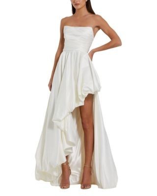Mac Duggal Petite Strapless High-Low Satin Gown with Draped Skirt