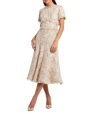 Mac Duggal Petite Beige Boucle Short Sleeve A Line Midi Dress