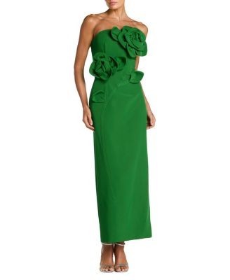 Mac Duggal Petite Crepe Strapless Midi Dress with 3D Flower Detail
