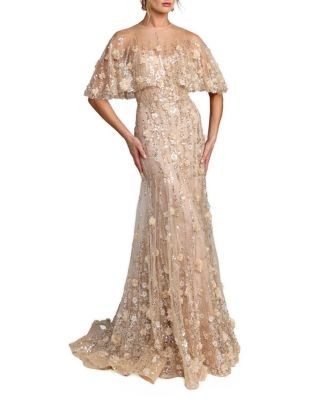 Mac Duggal Chiffon Lace Floral Caplet Sleeve Trumpet Gown