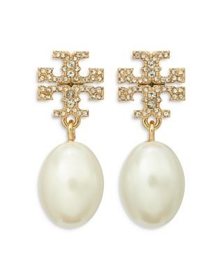Tory Burch Kira Pave & Cultured Freshwater Pearl Drop Earrings in Gold Tone