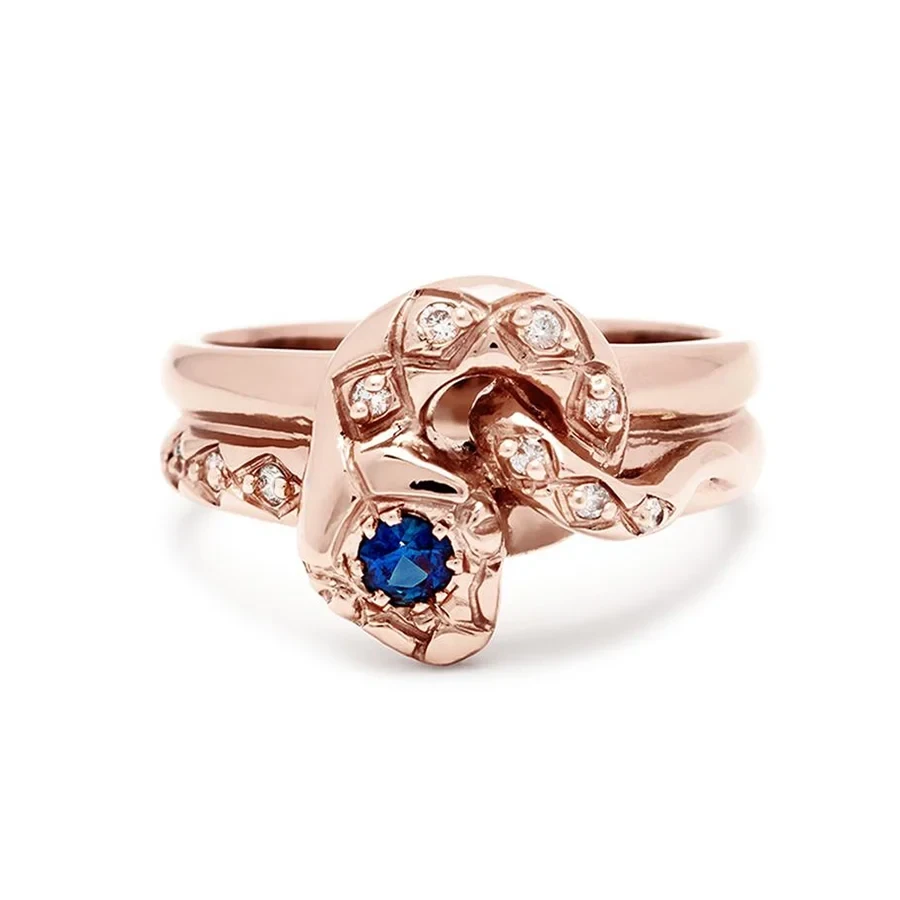Diamond Dusted Victorian Serpent Ring - 14k Gold & Blue Sapphire